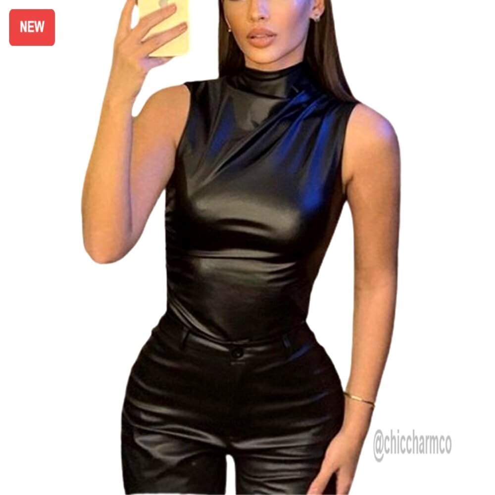 Faux Leather Pleated Sleeveless Asymmetrical Mock Neck Slim Tank Top
